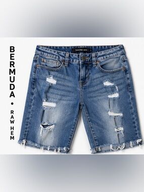 Calvin Klein Bermuda Denim Jean Short Distressed Raw Hem Cut Off Mid Rise Summer